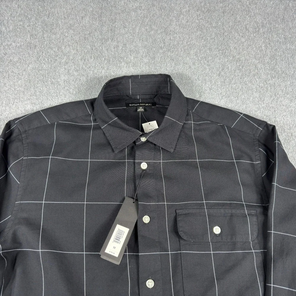 Banana Republic Mens Stretch Black Check Shirt M Pocket Front Long Sleeve‎ NWT